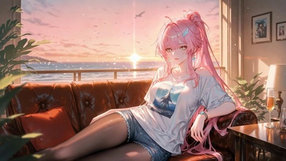 落日海景粉发爱弥斯