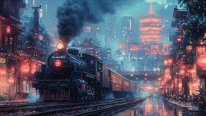 傍晚城市的蒸汽火车