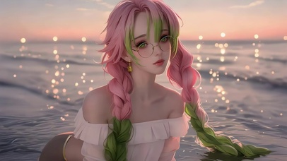 落日晚霞水中美女