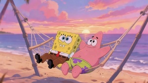 落日海滩的海绵宝宝和派大星