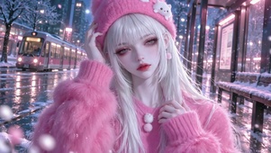 冬日车站粉色软萌美女