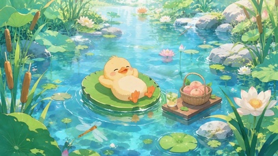 荷塘悠闲小黄鸭