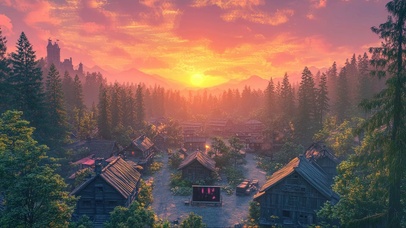 森林落日晚霞古城村庄