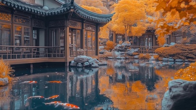 秋日庭院落叶池塘风景