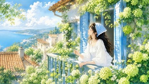 治愈临海阳台美少女