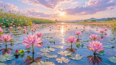 唯美风景落日荷塘