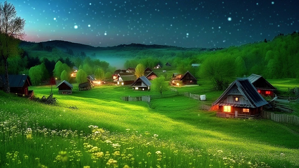 青蓝色星夜郊野山谷，翠绿草坡上散布尖顶木质农舍，点缀白黄小花，远处是青绿色丘陵，夜空布满亮斑。