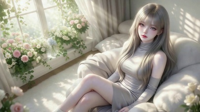 窗边暖阳下的银发美少女