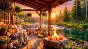 唯美日出溪边木屋