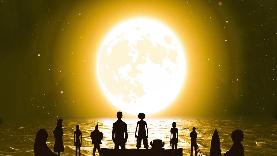 暖金色夜空下，海面反射着满月光芒，一排人物剪影立在岸边望向皓月。
