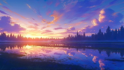 梦幻晚霞森林湖泊