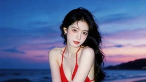 晚霞沙滩女孩