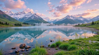 静谧湖畔雪山治愈风景