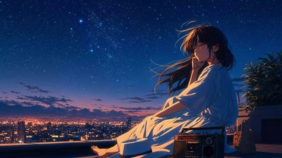 城市夜晚天台少女