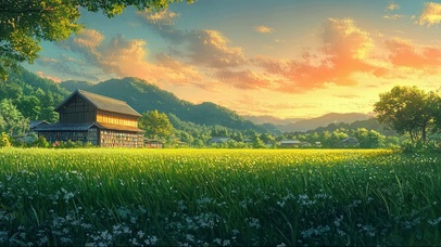 黄昏山坡草地小木屋