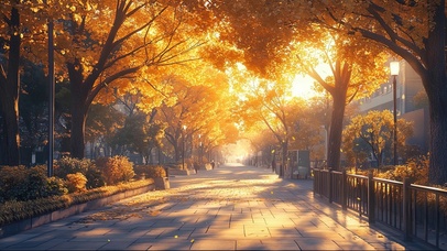 金色秋日城市步行街道