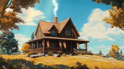 秋日山坡树林静谧木屋