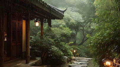 竹林雨天带鱼屏