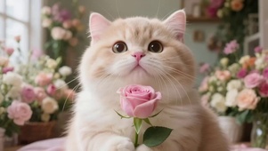 拿着玫瑰花的可爱猫咪