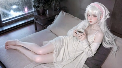 雨天居家纯欲白发美少女