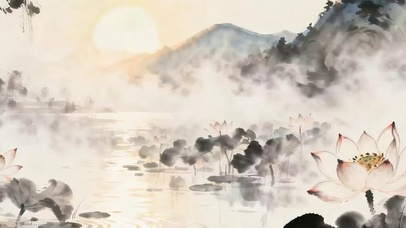 古风山水墨画莲花带鱼屏
