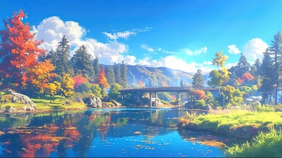 蓝天阳光枫林河畔