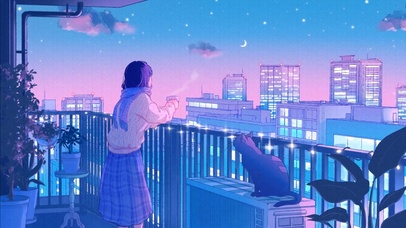 插画阳台喝咖啡的女孩