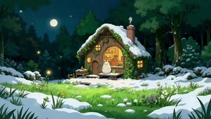 夜晚的雪景小屋