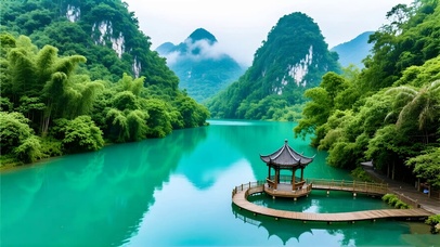 绿色护眼山水亭子
