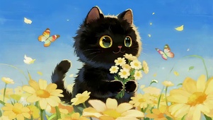 可爱鲜花黑猫