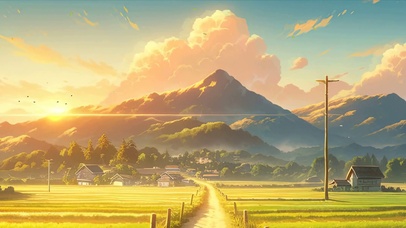 夕阳树木房屋绿景带鱼屏