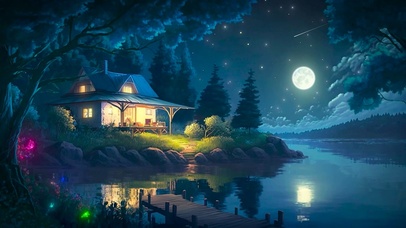 唯美月夜湖畔木屋