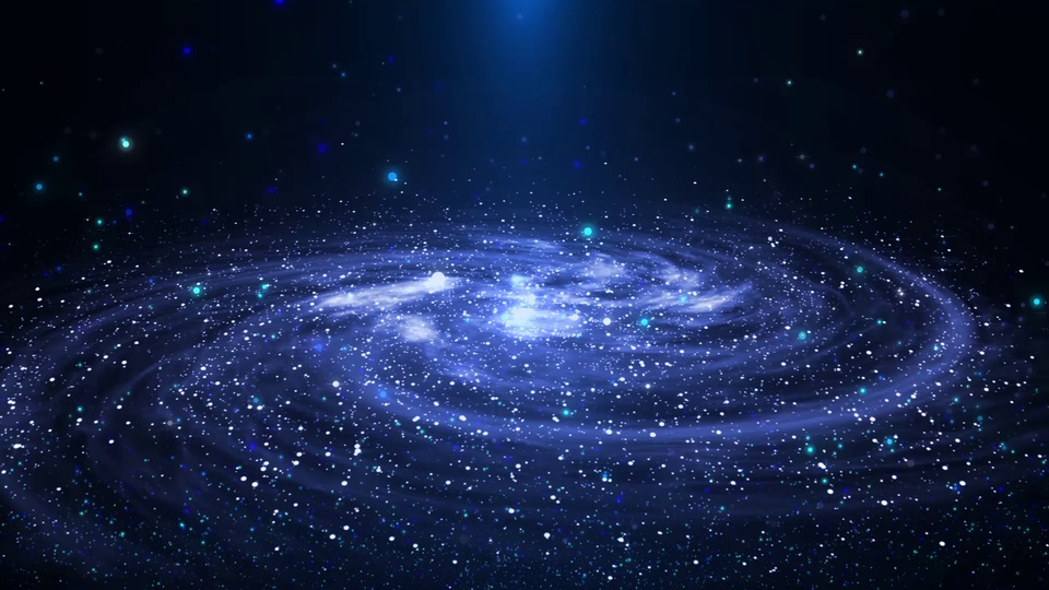 深蓝紫色宇宙星空背景中，明亮的发光螺旋星系散发浅白与淡蓝色光晕，四周散布细碎星点。