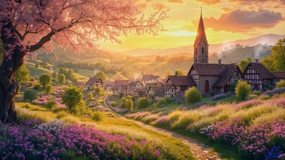 清晨春天花草村庄