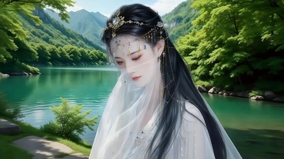 湖畔白纱衣蒙脸仙气美人1