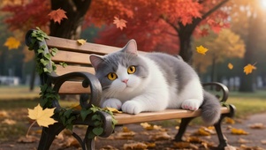 秋天长椅上猫咪