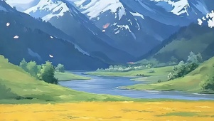 蓝天白云樱花树木河流带鱼屏