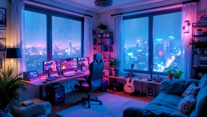 雨夜霓虹电脑房间
