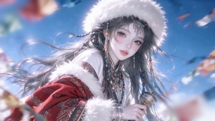 经幡下的藏族女孩