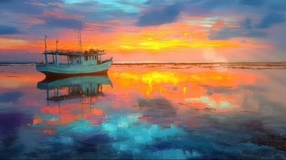 梦幻晚霞海面邮轮插画