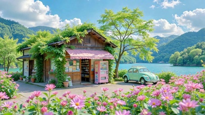 治愈系湖畔花田清新风景
