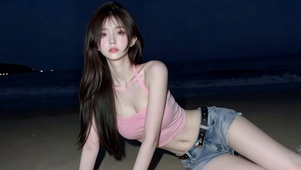 夜晚沙滩清纯长发美女