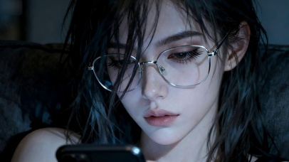 戴眼镜的美女深夜玩手机