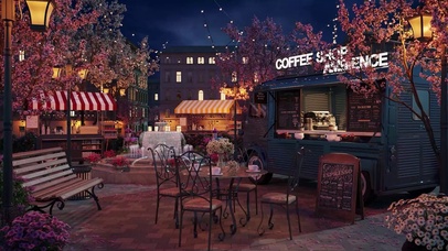 春日夜晚在静谧的咖啡花园