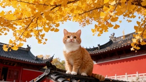 深秋落叶红墙下的小奶猫眺望远方