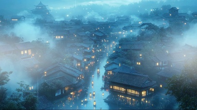 朦胧蓝色古城傍晚街道