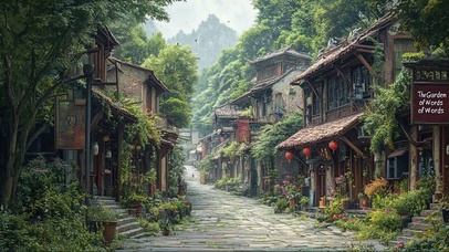 孤寂山林绿色古城街道