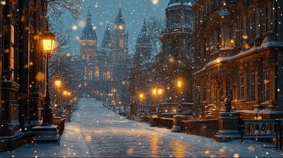 冬日雪夜傍晚欧洲街道