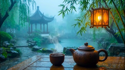 国风园林雨景