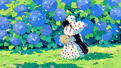 绣球花海里的波点裙少女